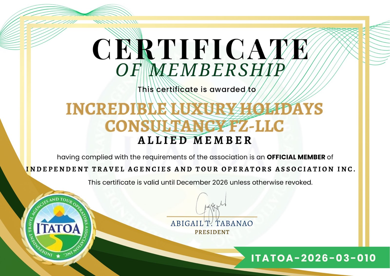 ITATOA Allied Member certificate