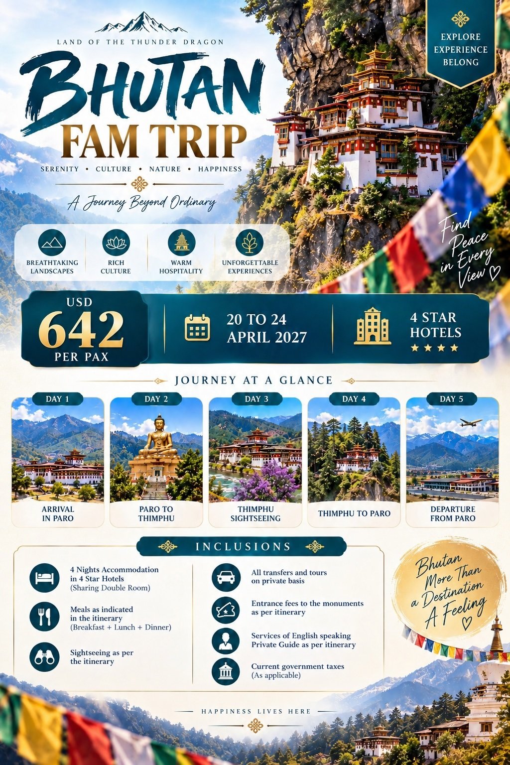Bhutan FAM Trip flyer — USD 642 per pax, 20 to 24 April 2027, 4-star hotels