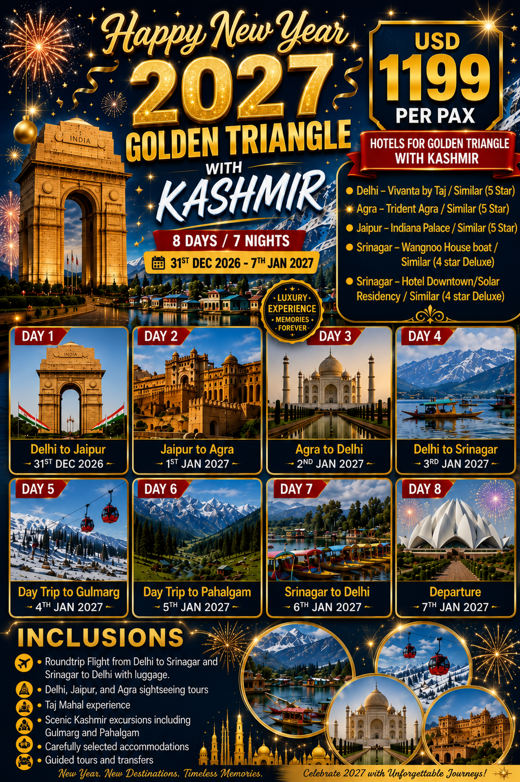 Happy New Year 2027 Golden Triangle with Kashmir — 31 Dec 2026 to 7 Jan 2027, USD 1199 per pax