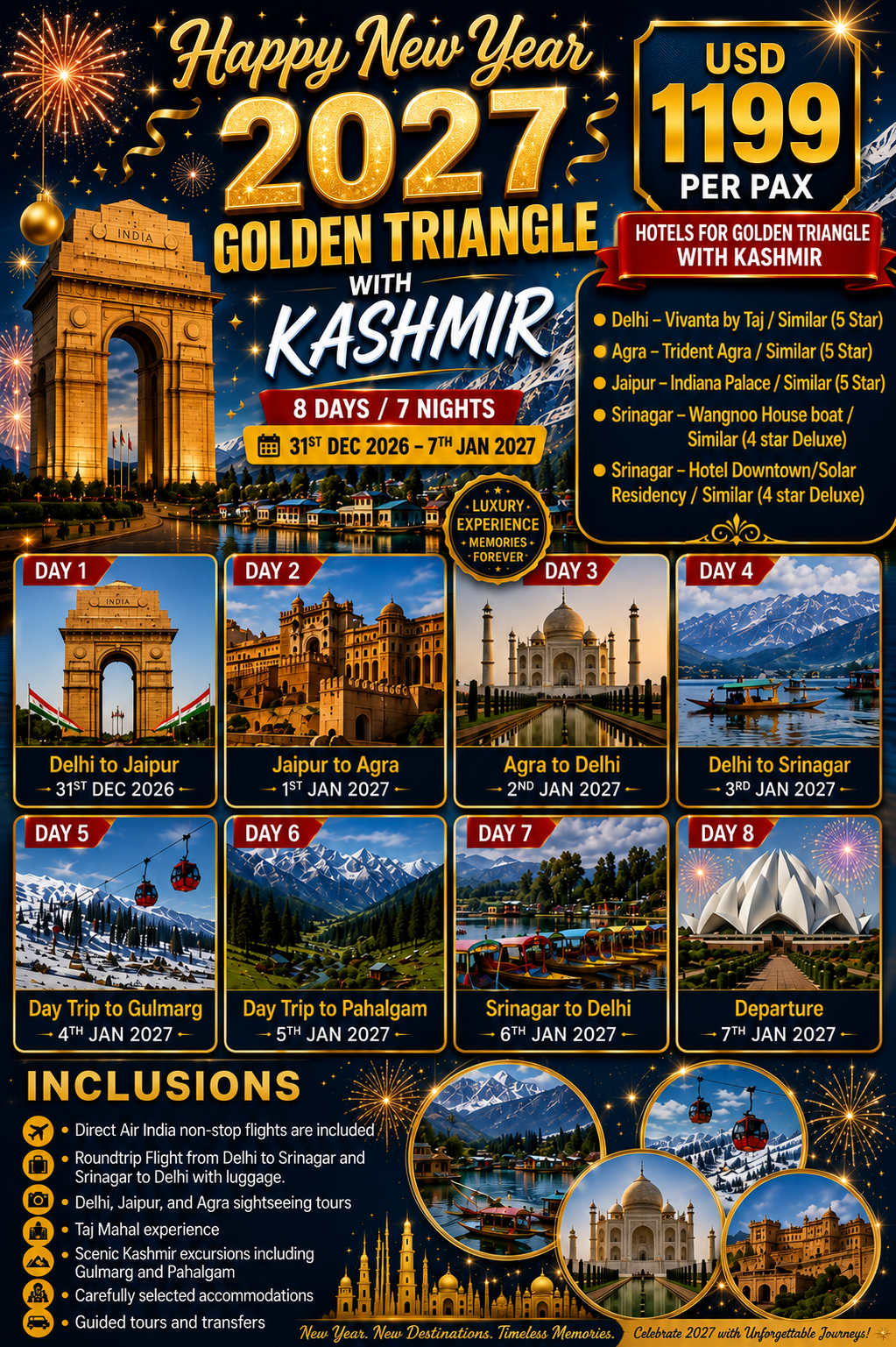 Happy New Year 2027 Golden Triangle with Kashmir — 31 Dec 2026 to 7 Jan 2027, USD 1199 per pax