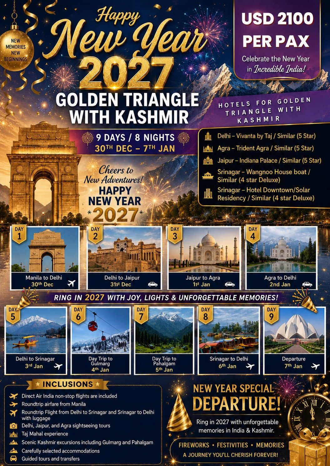 Happy New Year 2027 Golden Triangle with Kashmir