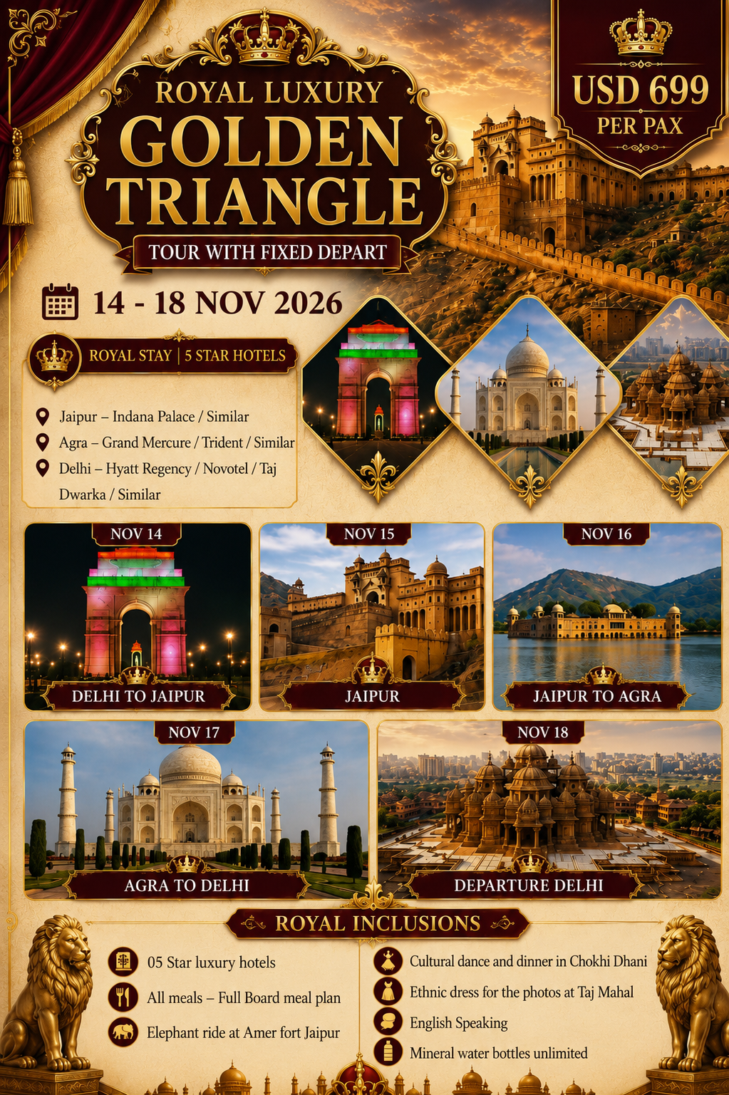 Royal Luxury Golden Triangle Tour — 14 to 18 Nov 2026, USD 699 per pax