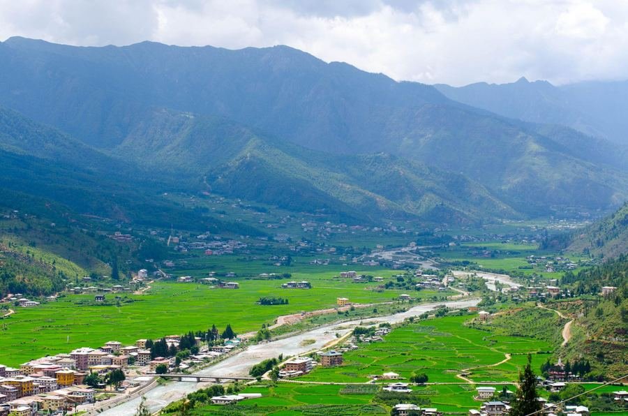 The Paro valley with rice fields and river