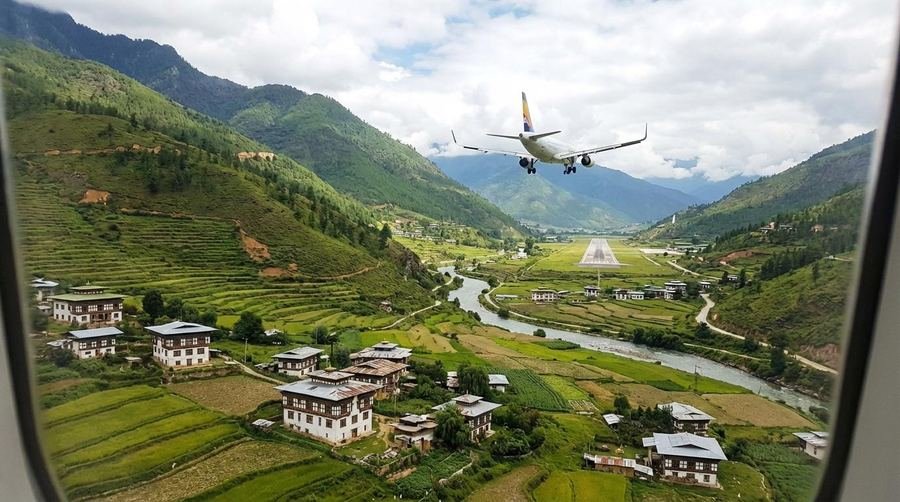 Aircraft descending over the Paro valley