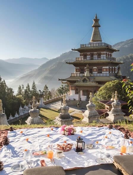 Outdoor picnic laid out beside a hillside chorten