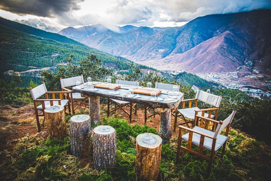 Alfresco dining set above a Himalayan valley