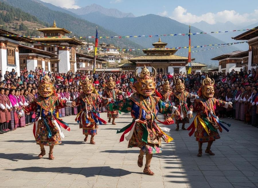 Cham dancers at a Bhutanese tshechu