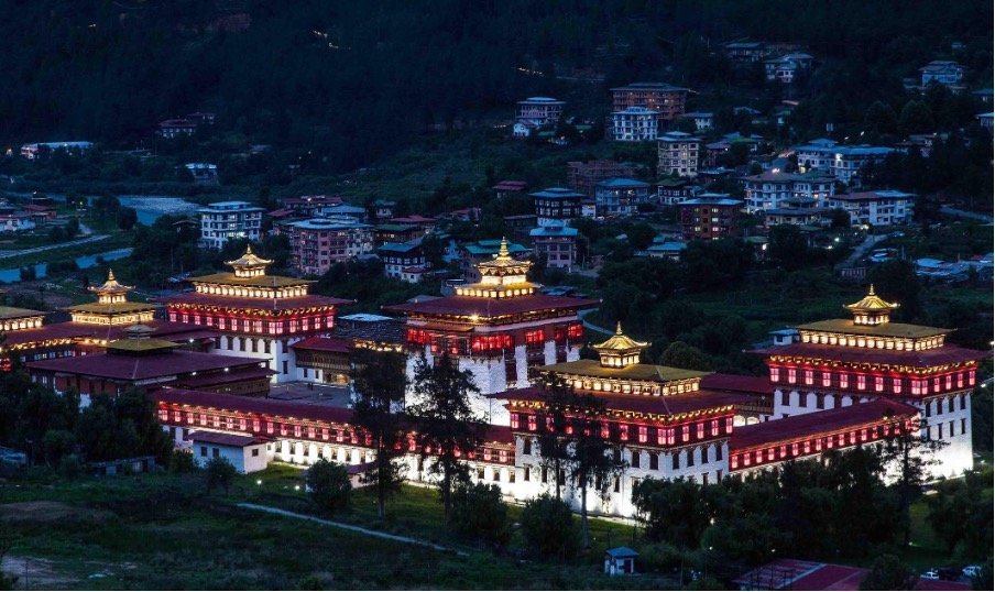 Tashichho Dzong illuminated at dusk, Thimphu