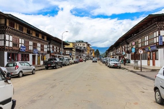 Paro town main street lined with traditional shopfronts