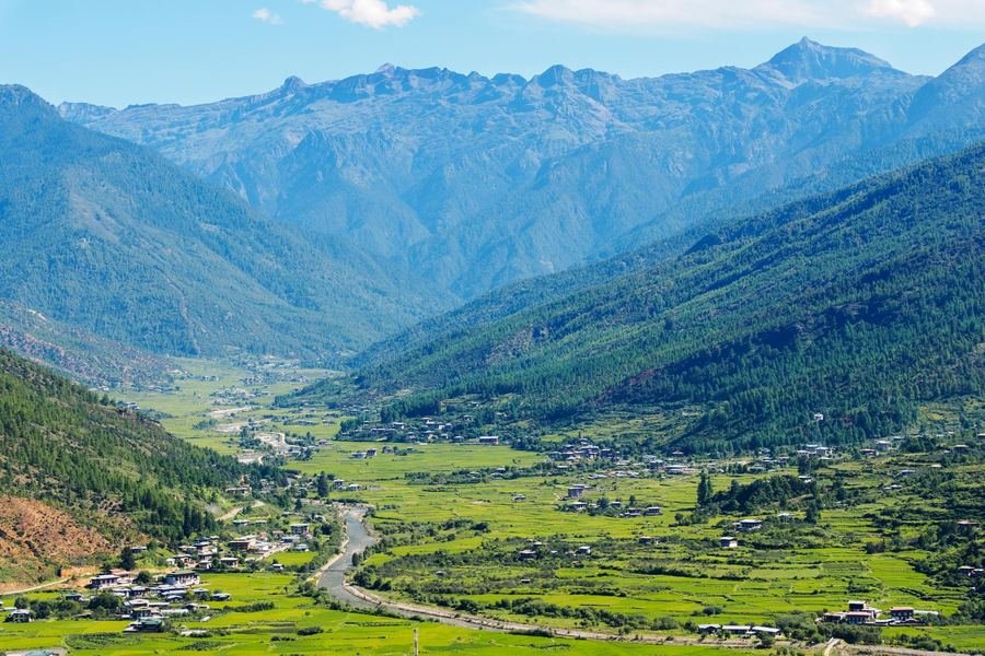 The Paro valley with fields and river