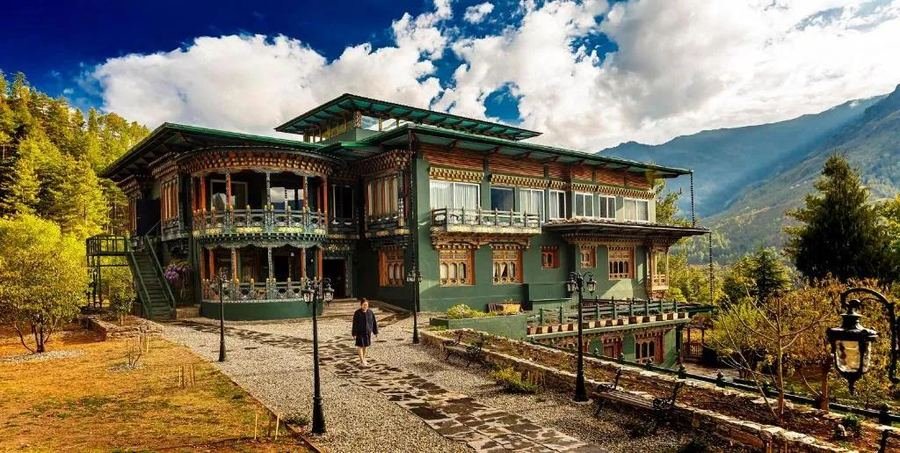 Traditional Bhutanese building with carved wooden facade