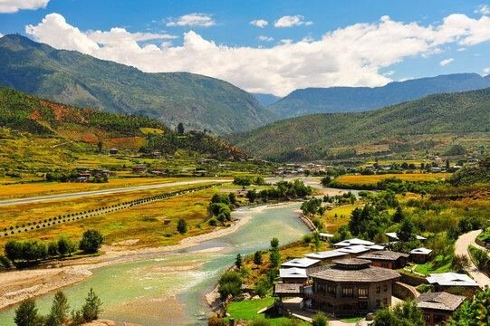 Paro valley farmland and traditional houses