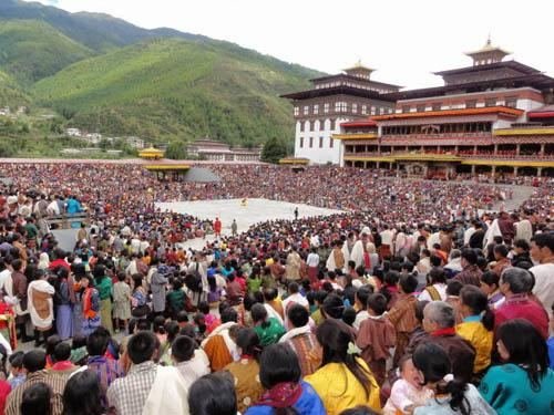 Crowds gathered outside Tashichho Dzong for the festival