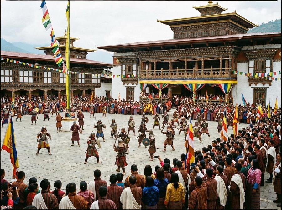 Festival dances in the courtyard of Punakha Dzong