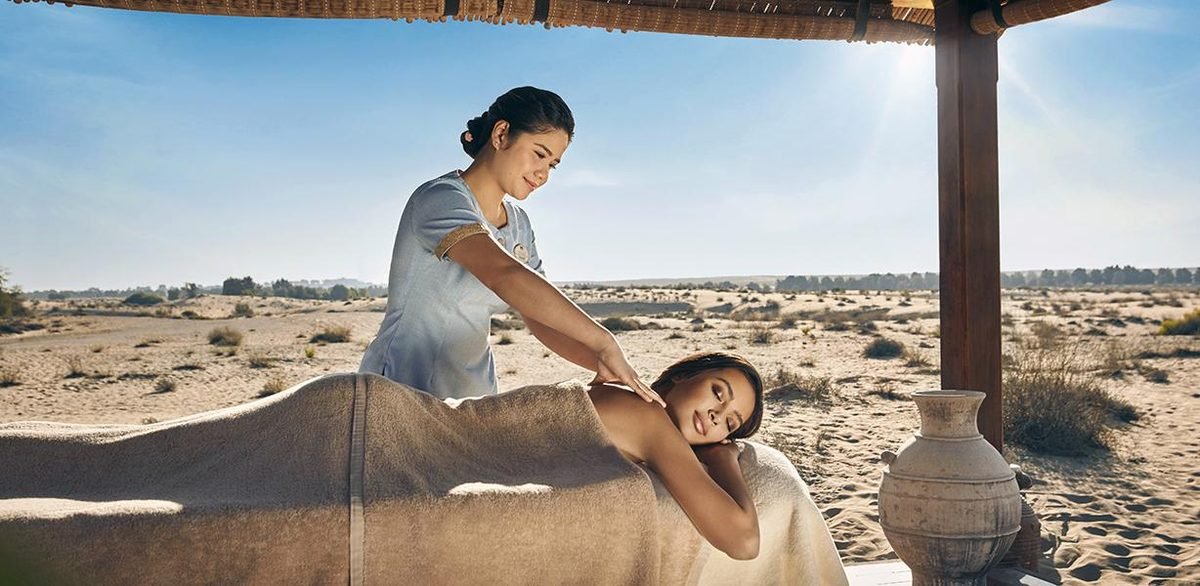 Open-air spa treatment at a luxury desert resort near Dubai