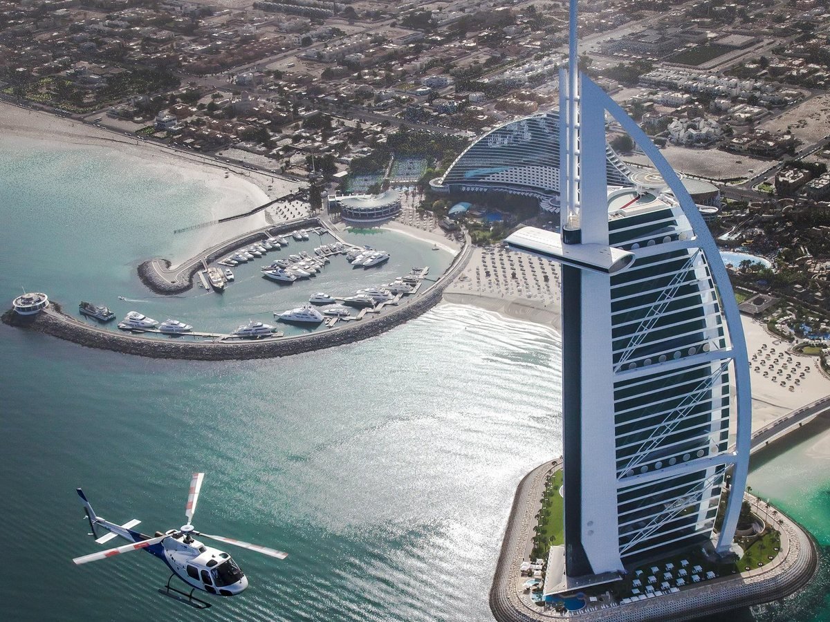 Burj Al Arab and the Jumeirah Beach marina from the air, Dubai