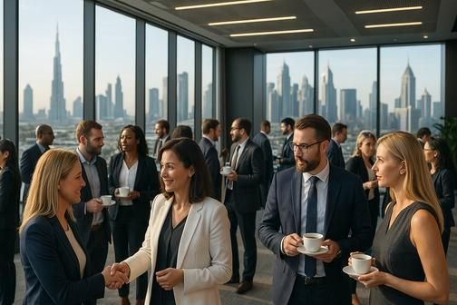 Delegates networking over coffee with Burj Khalifa views