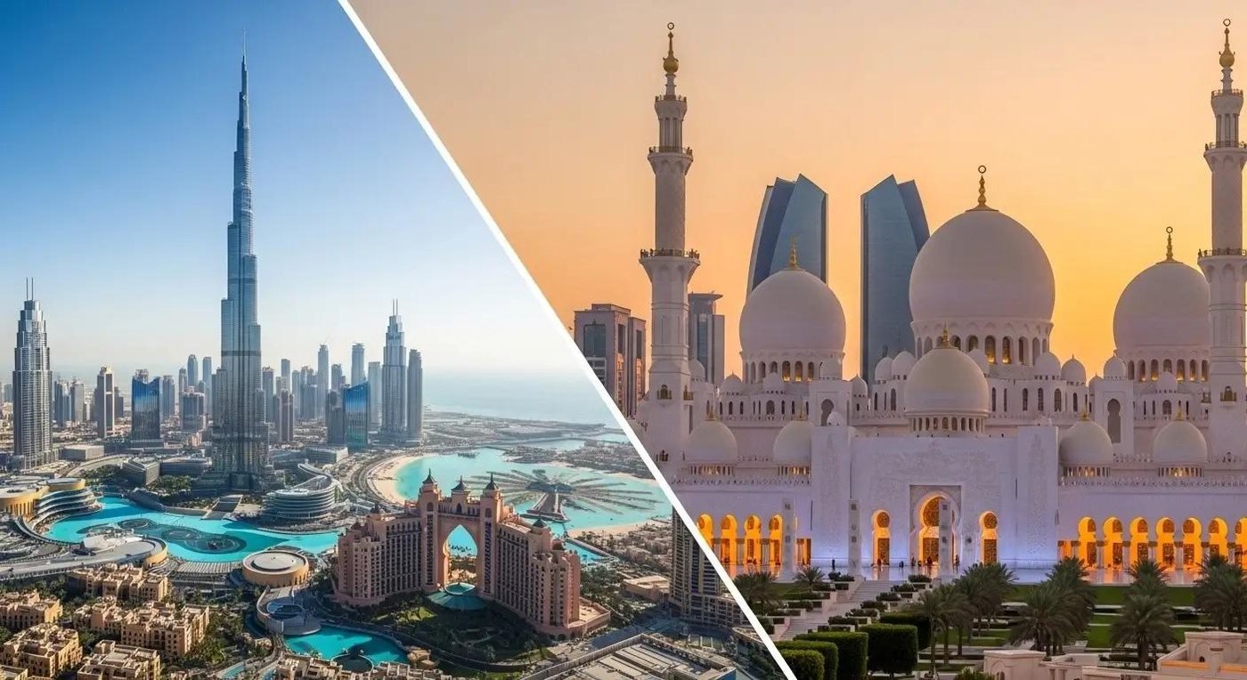 Dubai skyline and Sheikh Zayed Grand Mosque, Abu Dhabi