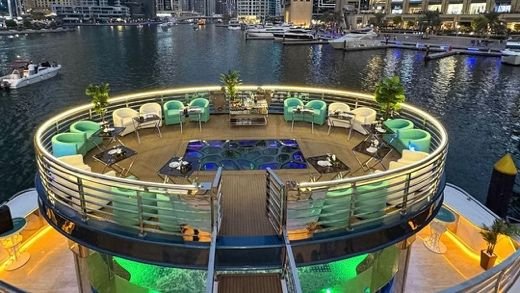 Upper deck lounge of the Lotus Mega Yacht