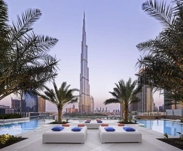 Hotel pool deck with Burj Khalifa views