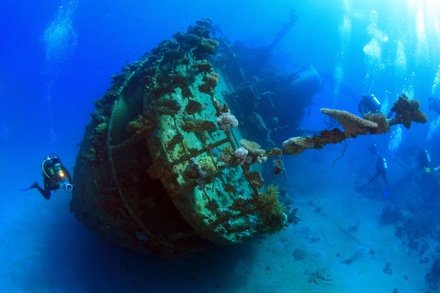 Divers alongside the bow of a sunken WWII ship in Coron Bay