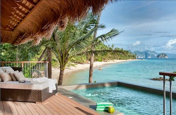 Villa terrace and private pool looking out over the El Nido beach