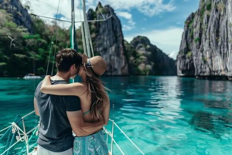 Couple on the bow of a boat among the limestone cliffs of Bacuit Bay
