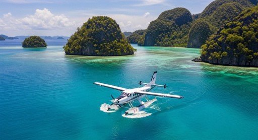 Seaplane on turquoise water among limestone islands