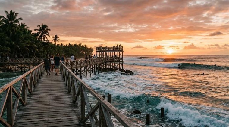 Surfers on the Cloud 9 boardwalk at sunrise