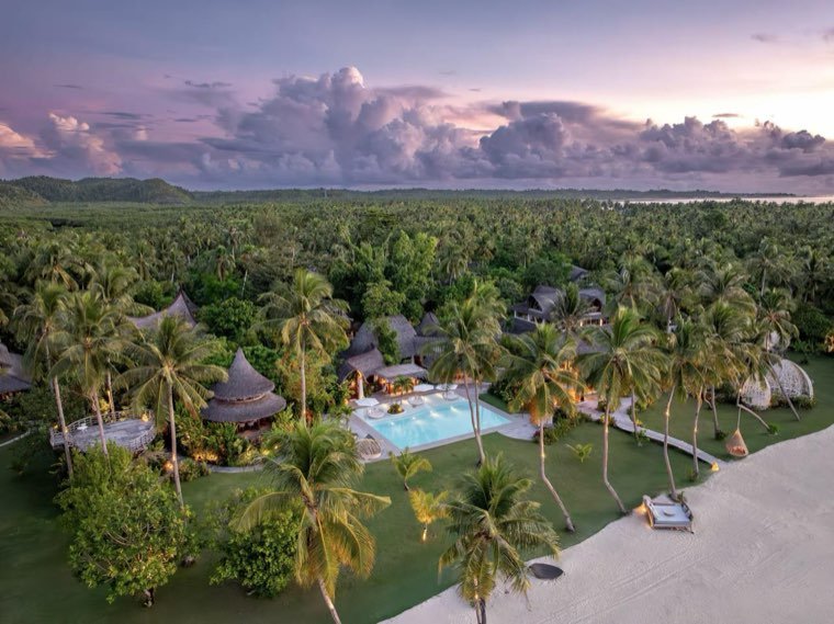Aerial view of a palm-covered resort at dusk under a pink sky
