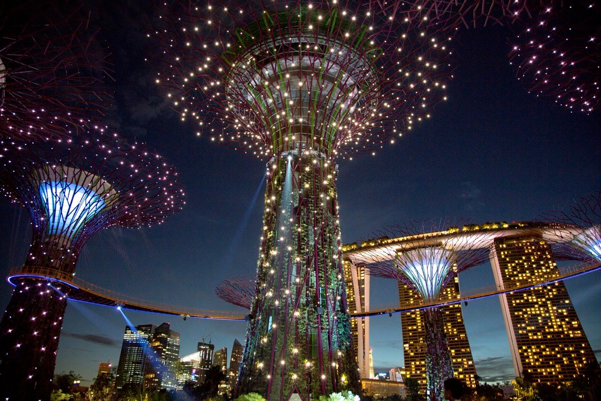 Supertree Grove at Gardens by the Bay lit up at night, with Marina Bay Sands behind