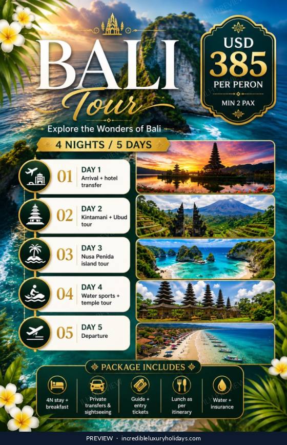 Bali Tour — 4 Nights / 5 Days with Nusa Penida, USD 385 per person