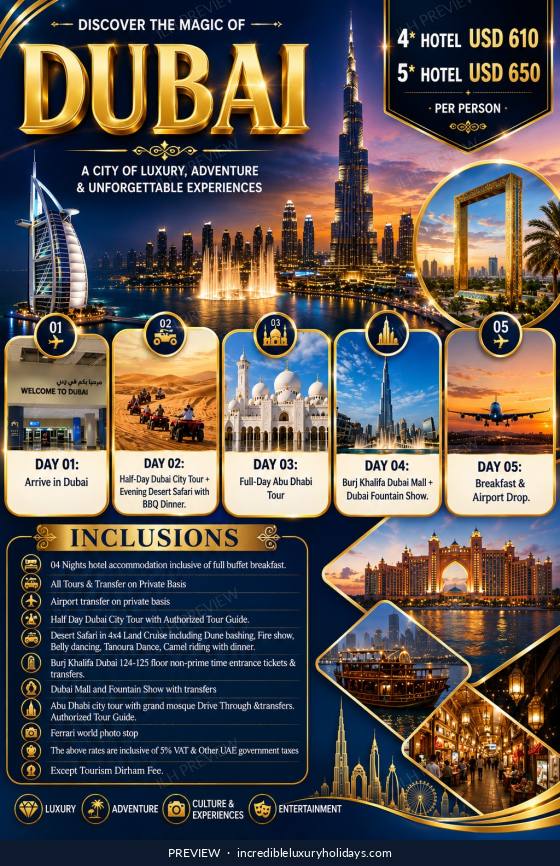 Discover the Magic of Dubai — 4 Nights / 5 Days, USD 610 per person