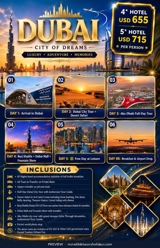Dubai, City of Dreams — 5 Nights / 6 Days, USD 655 per person