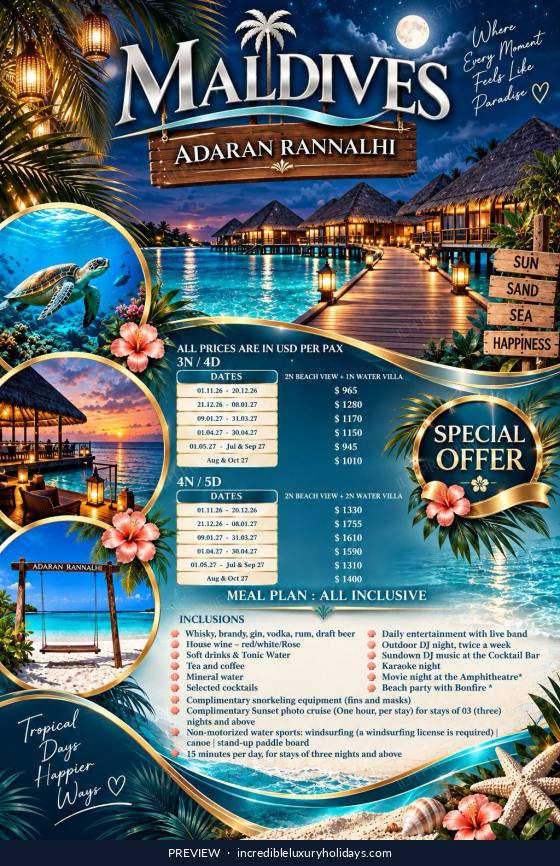 Adaaran Club Rannalhi split stay special offer — All Inclusive, from USD 945 per person