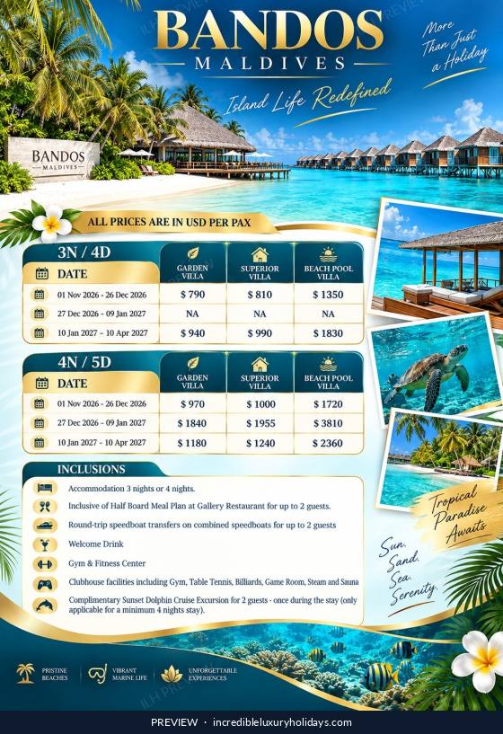 Bandos Maldives — Half Board with speedboat transfers, from USD 790 per person