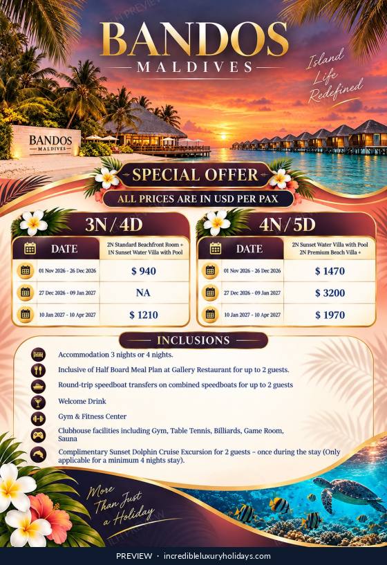 Bandos Maldives split stay — Half Board with speedboat transfers, from USD 940 per person