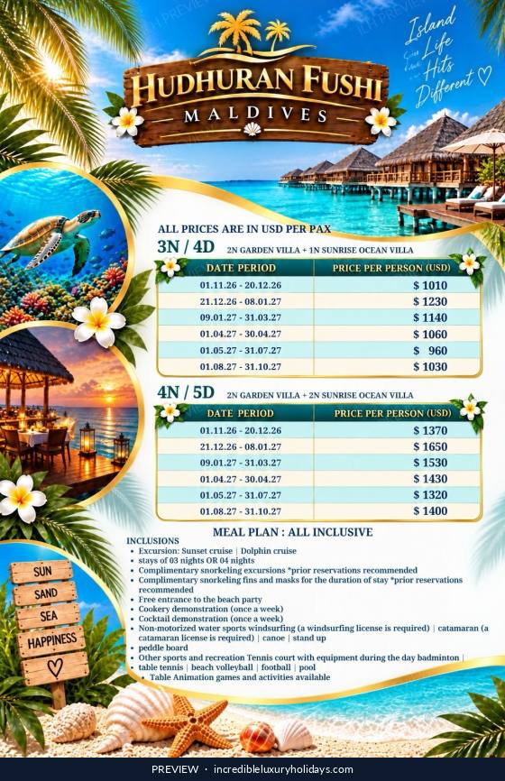Adaaran Select Hudhuran Fushi split stay — All Inclusive, from USD 960 per person