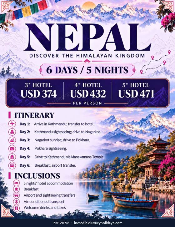 Nepal, Kathmandu, Nagarkot & Pokhara — 6 Days / 5 Nights, from USD 374 per person