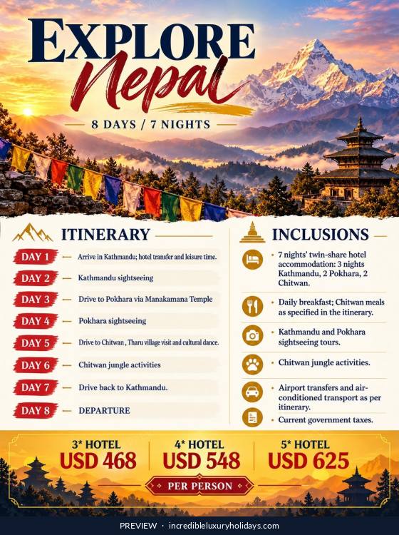 Explore Nepal — 8 Days / 7 Nights, from USD 468 per person