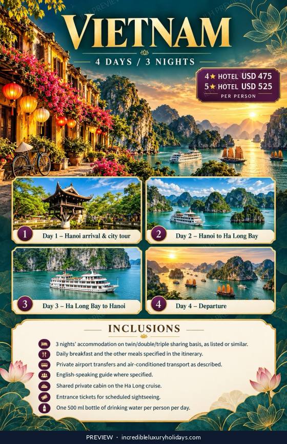 Vietnam — Hanoi & Ha Long Bay — 4 Days / 3 Nights, from USD 475 per person