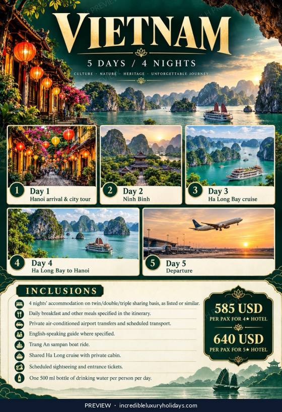 Vietnam — Hanoi, Ninh Binh & Ha Long Bay — 5 Days / 4 Nights, from USD 585 per person