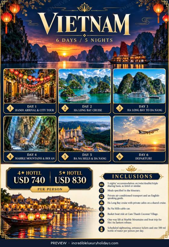 Vietnam — Hanoi, Ha Long, Da Nang & Hoi An — 6 Days / 5 Nights, from USD 740 per person