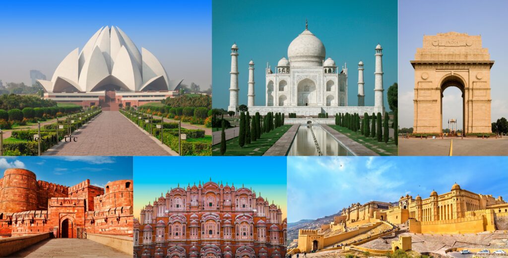 "A visually stunning travel-themed image representing India's Golden Triangle Tour Itinerary. The design features a golden triangular layout with three iconic landmarks at each point: India Gate in Delhi, the Taj Mahal in Agra, and Hawa Mahal in Jaipur. The background has a luxurious golden hue, symbolizing elegance, heritage, and cultural richness, making it ideal for travel promotions."