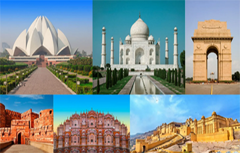 "A visually stunning travel-themed image representing India's Golden Triangle Tour Itinerary. The design features a golden triangular layout with three iconic landmarks at each point: India Gate in Delhi, the Taj Mahal in Agra, and Hawa Mahal in Jaipur. The background has a luxurious golden hue, symbolizing elegance, heritage, and cultural richness, making it ideal for travel promotions."